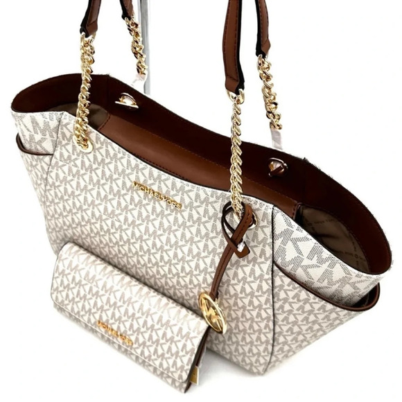 Michael Kors Large Jet Set Travel Chain Shoulder Bag & Trifold Wallet Vanilla - Picture 11 of 14